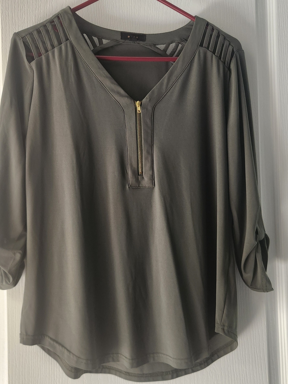 Women's Olive Green V-Neck Zip Front Blouse